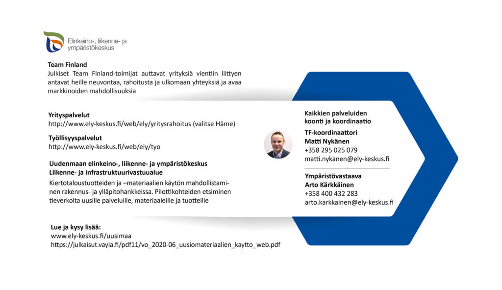 Team Finland
Julkiset Team Finland-toimijat auttavat yrityksiä vientiin liittyen antavat heille neuvontaa, rahoitusta ja ulkomaan yhteyksiä ja avaa markkinoiden mahdollisuuksia. Lue lisää http://www.ely-keskus.fi