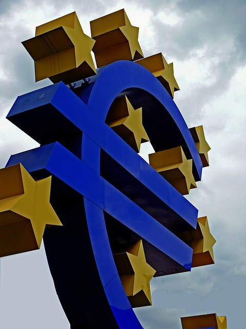 Kuvassa euron merkki ja keltaisia tähtiä.