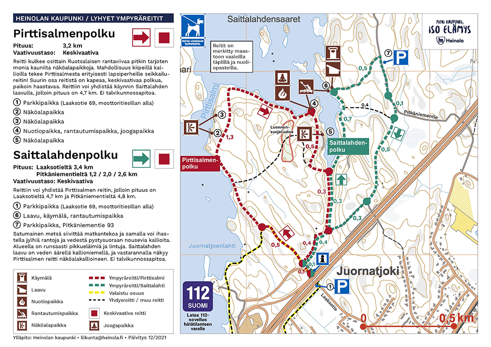 Heinolan Pirttisalmenpolun ja Saittalahden polun reittimerkinnät kartalla.