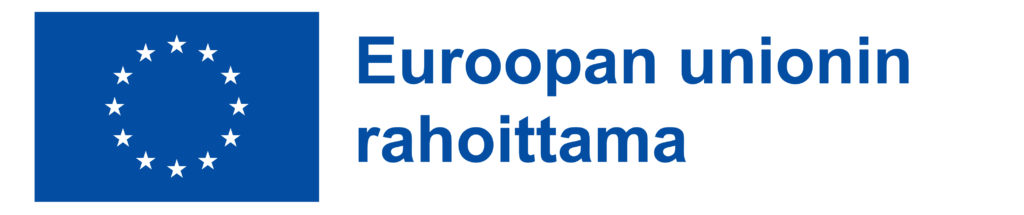 Vasemmalla EU lippu, sinisellä pohjalla ympyrän muodossa 12 valkoista tähteä. Oikealla sininen teksti: Euroopan unionin rahoittama.