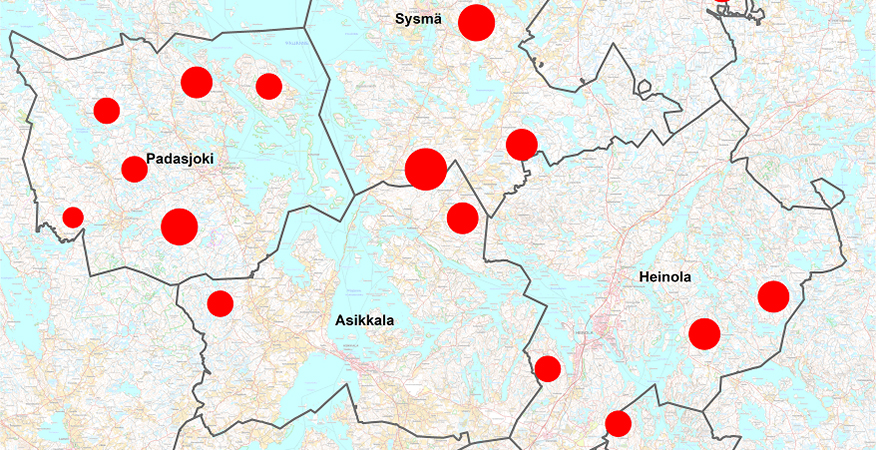 Tuulivoima-alueet kartta rajattuna Asikkala ja Padasjoki