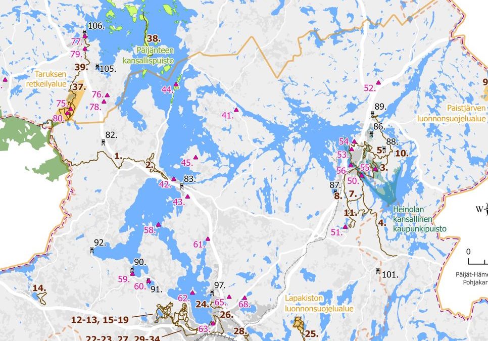 Kartta, johon merkitty Taruksen retkeilyalue, Paistjärven luonnonsuojelualue ja Lapakiston luonnonsuojelualue.