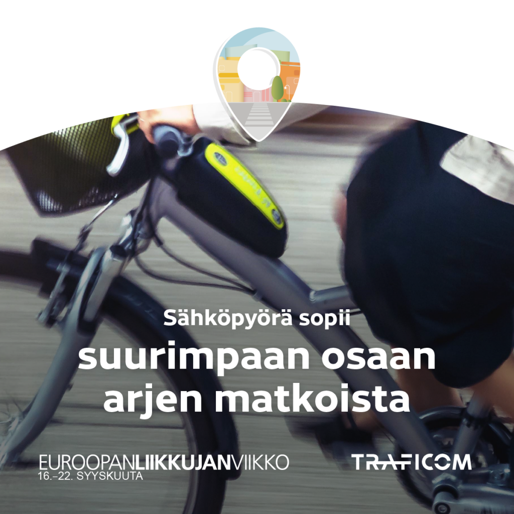 Sähköpyörän runko ja teksti: Sähköpyörä sopii suurimpaan osaan arjen matkoista. Euroopan liikkujan viikko 16.-22. syyskuuta. Traficom
