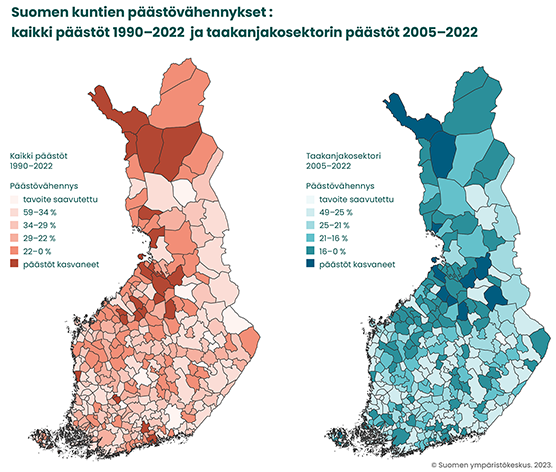 Kartat kuvastavat kuinka lähellä tai kaukana Suomen eri kunnat olivat kansallisia päästövähennystavoitteittaan kokonaispäästöjen ja taakanjakosektorin päästöjen osalta vuonna 2022. Vasemmanpuoleinen kartta kuvastaa kuntien kokonaispäästöjä, joissa vertailuvuosi on 1990. Oikeanpuoleinen kartta kuvastaa taakanjakosektorin, eli esimerkiksi maatalouden ja liikenteen, päästöjä kunnissa. Taakanjakosektorilla vertailuvuosi on 2005. © Syke