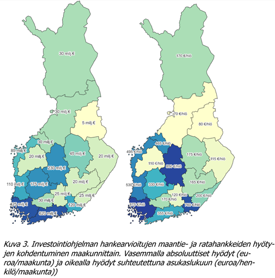 Kuvassa kaksi Suomen karttaa, joissa on kuvattu väyläverkkoa koskevan investointiohjelman hankearvioitujen maantie- ja ratahankkeiden hyötyjen kohdentuminen maakunnittain. Vasemmalla absoluuttiset hyödyt (euroa/maakunta) ja oikealla hyödyt suhteutettuna asukaslukuun (euroa/henkilö/maakunta)