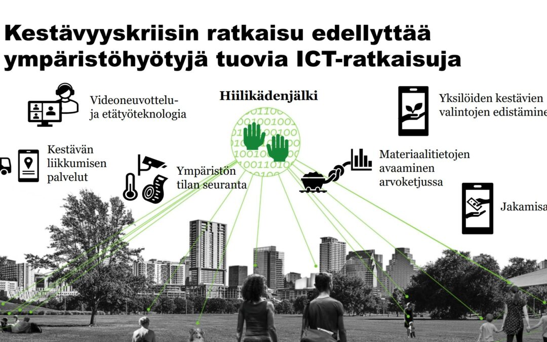 Kuvassa esitetään ympäristöhyötyjä tuovia ICT-ratkaisuja