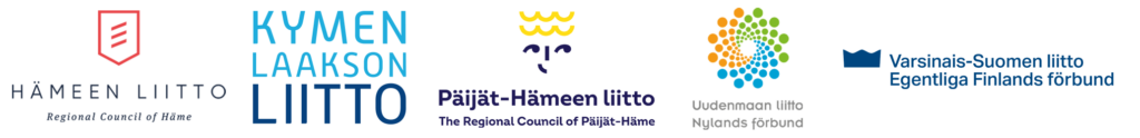 Viiden maakunnan logot: Hämeen liitto, Kymenlaakson liitto, Päijät-Hämeen liitto, Uudenmaan liitto, Varsinais-Suomen liitto