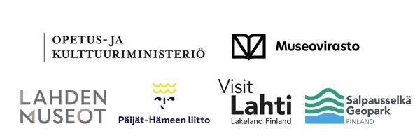 Kuusi logoa. Opetus- ja kulttuuriministeriö, Museovirasto, Lahden museot, Päijät-Hämeen liitto, Visit Lahti sekä Salpausselkä Geopark Finland.