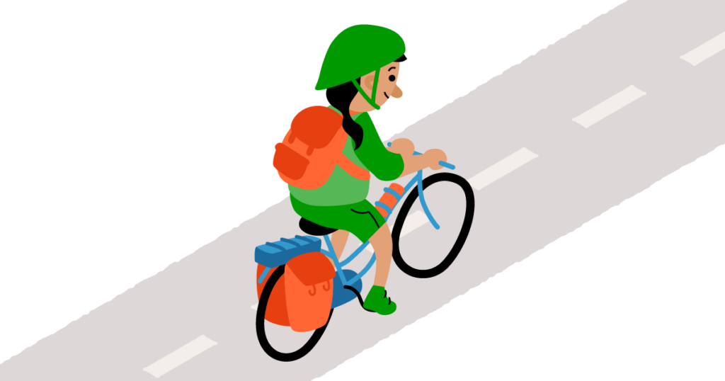 Piirroskuva polkupyöräilijästä, jolla vihreä kypärä päässään, oranssi repppu selässään ja oranssit pyörälaukut.
