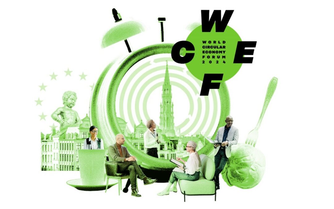 Kuvassa vihreä pallo, jossa musta teksti: World Circular Economy Forum 2024