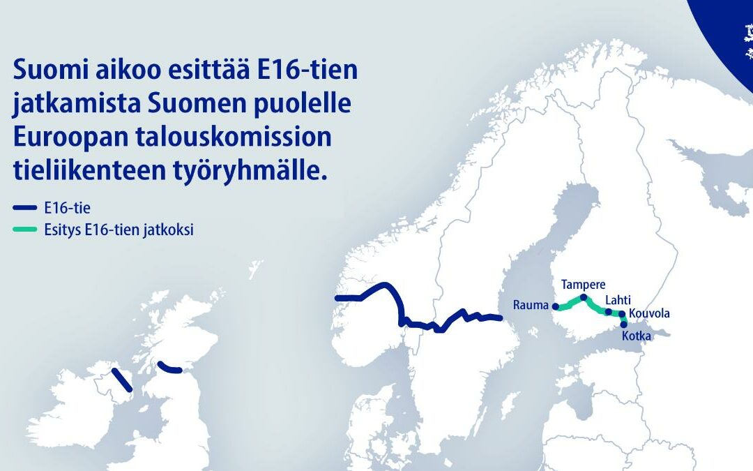 Pohjois-Euroopan kartalla maarajat. Karttaan merkitty sinisellä suunniteltu E16 tie Suomessa.
